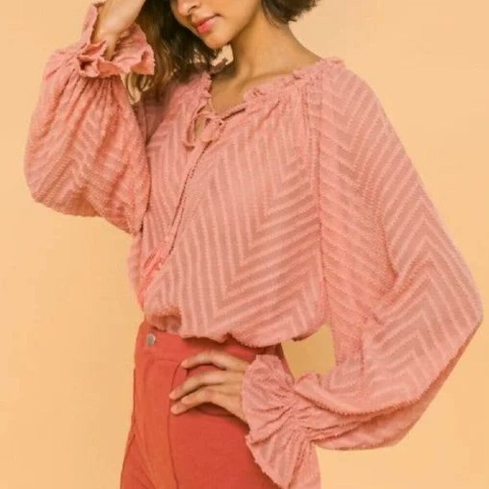 LoveColette sz large textured semi sheer puff sleeve boho blouse